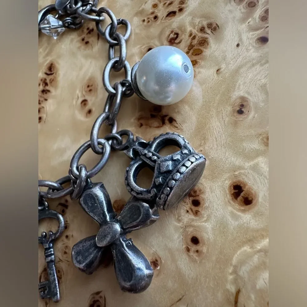 Chunky Loaded Silver Tone heart crystal lock crown pearl Charm Bracelet